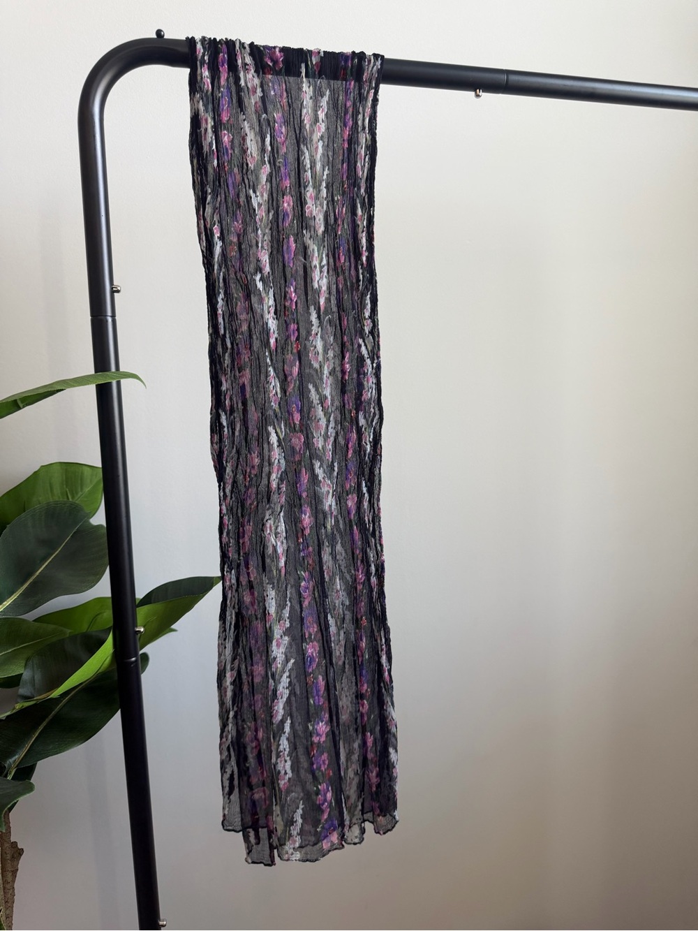 Lightweight Black Scarf with Purple and White Floral Stripes